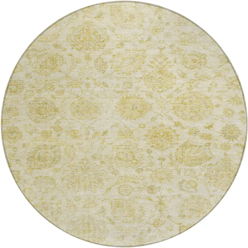 8' Gold And Beige Round Damask Washable Indoor Outdoor Area Rug Photo 1