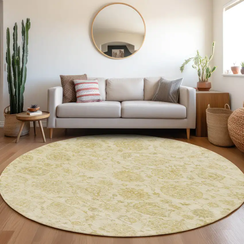 8' Gold And Beige Round Damask Washable Indoor Outdoor Area Rug Photo 6