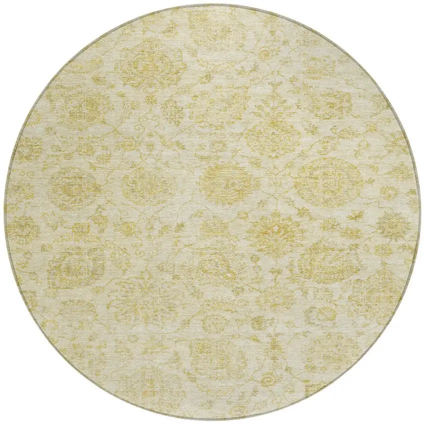 8' Gold And Beige Round Damask Washable Indoor Outdoor Area Rug Photo 3