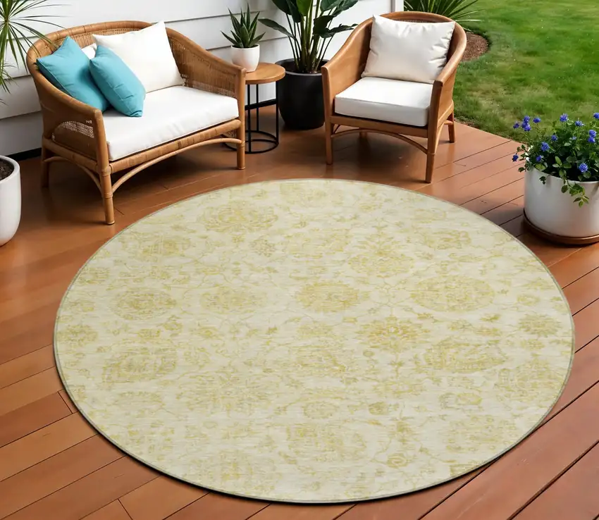 8' Gold And Beige Round Damask Washable Indoor Outdoor Area Rug Photo 2