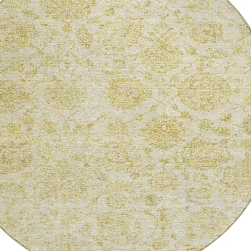 8' Gold And Beige Round Damask Washable Indoor Outdoor Area Rug Photo 8