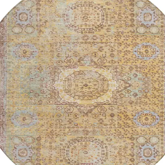 8' Gold And Beige Round Floral Medallion Washable Indoor Outdoor Area Rug Photo 9