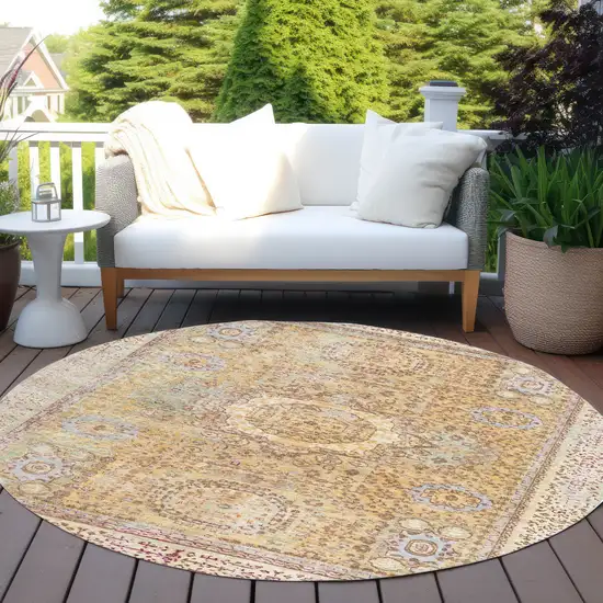 8' Gold And Beige Round Floral Medallion Washable Indoor Outdoor Area Rug Photo 6