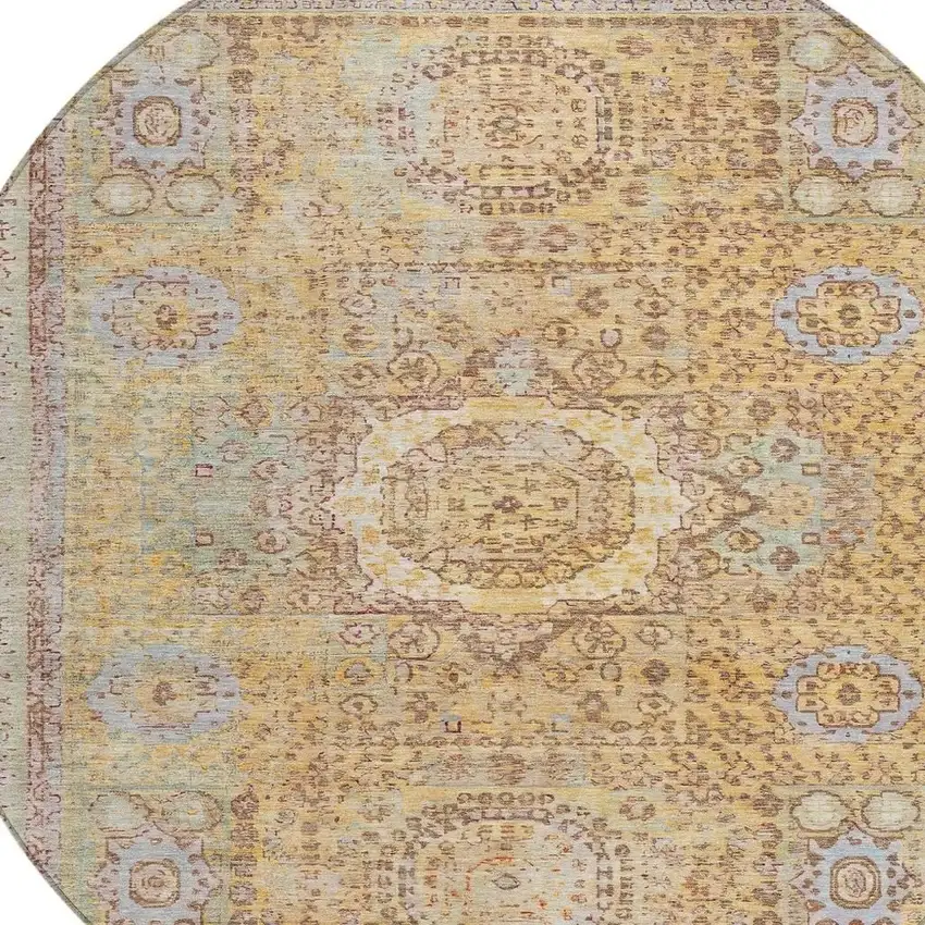 8' Gold And Beige Round Floral Medallion Washable Indoor Outdoor Area Rug Photo 4