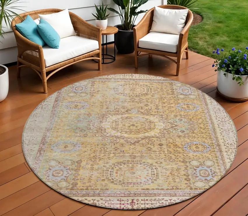 8' Gold And Beige Round Floral Medallion Washable Indoor Outdoor Area Rug Photo 2