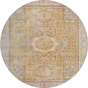 Photo of 8' Gold And Beige Round Floral Medallion Washable Indoor Outdoor Area Rug