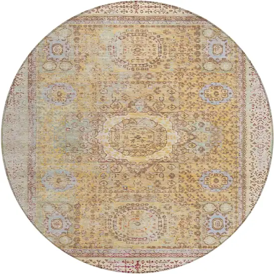 8' Gold And Beige Round Floral Medallion Washable Indoor Outdoor Area Rug Photo 1