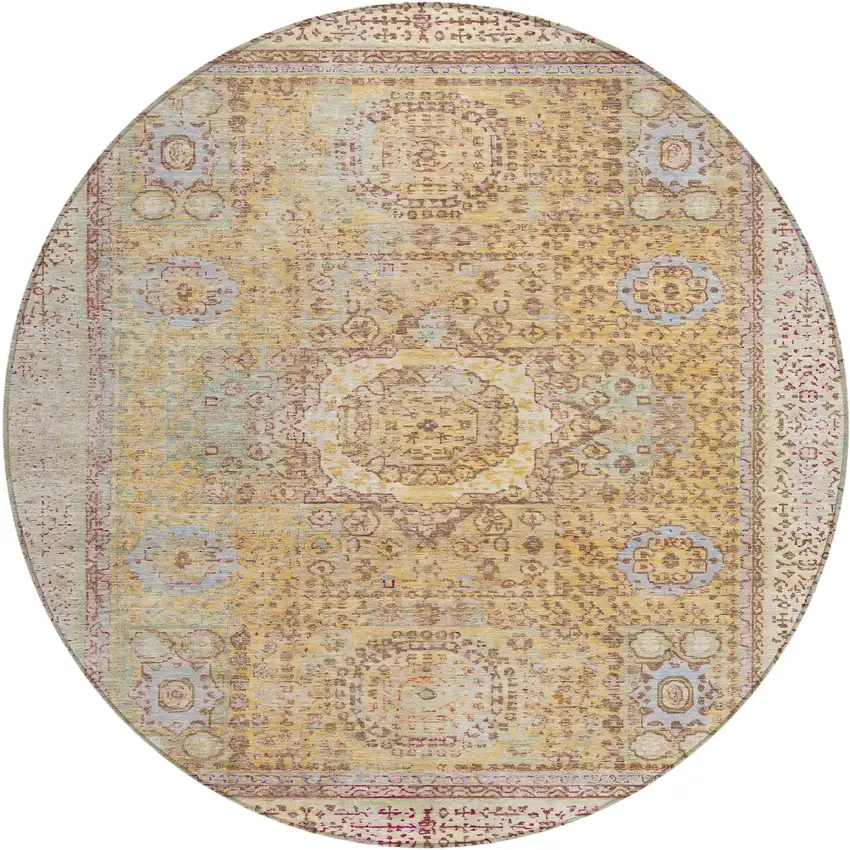 8' Gold And Beige Round Floral Medallion Washable Indoor Outdoor Area Rug Photo 1