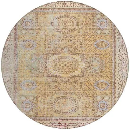 8' Gold And Beige Round Floral Medallion Washable Indoor Outdoor Area Rug Photo 3