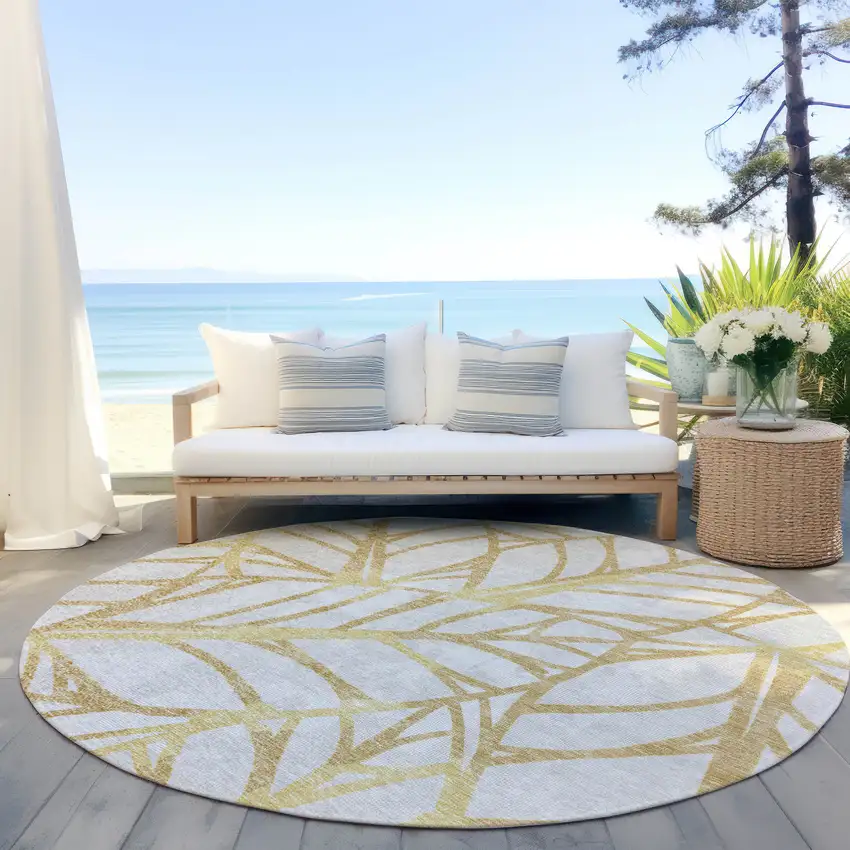 8' Gold And Beige Round Floral Washable Indoor Outdoor Area Rug Photo 7