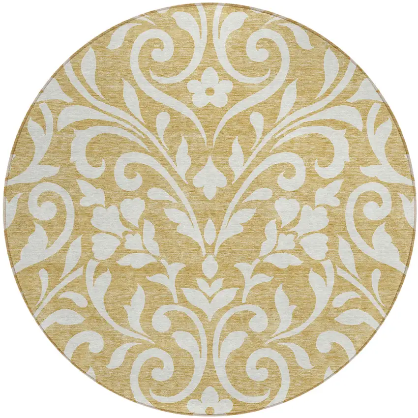 8' Gold And Beige Round Floral Washable Indoor Outdoor Area Rug Photo 2