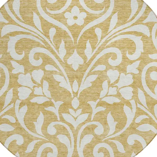 8' Gold And Beige Round Floral Washable Indoor Outdoor Area Rug Photo 4