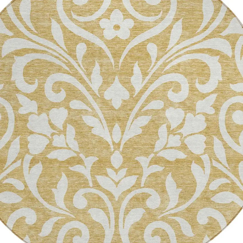 8' Gold And Beige Round Floral Washable Indoor Outdoor Area Rug Photo 4