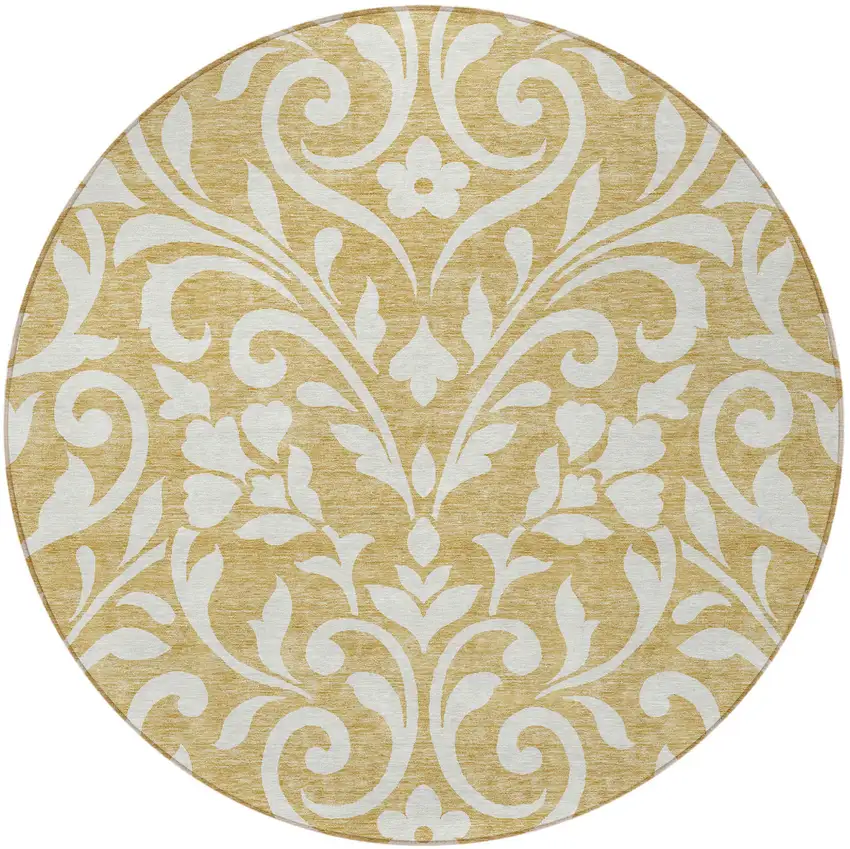 8' Gold And Beige Round Floral Washable Indoor Outdoor Area Rug Photo 5