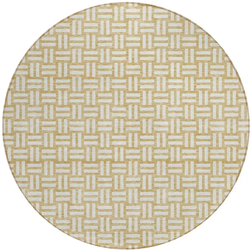 8' Gold And Beige Round Geometric Washable Indoor Outdoor Area Rug Photo 6