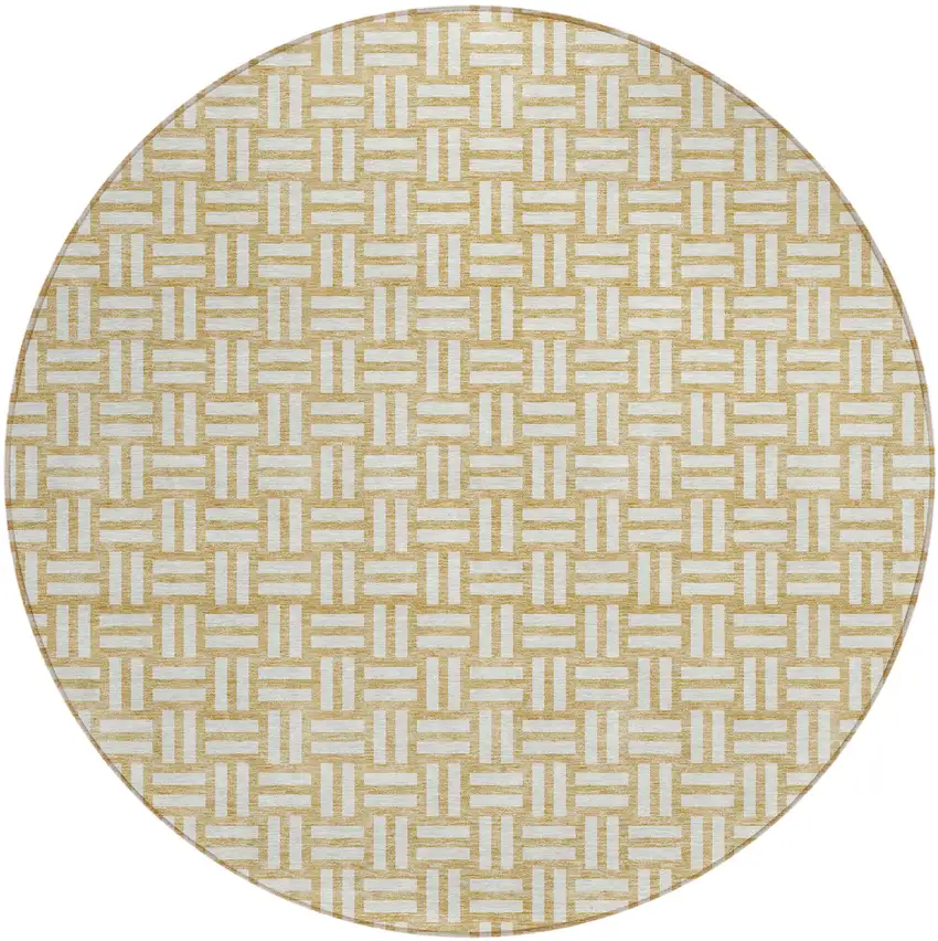 8' Gold And Beige Round Geometric Washable Indoor Outdoor Area Rug Photo 2