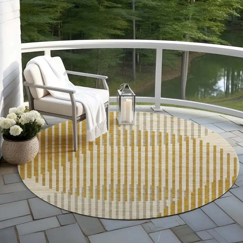 8' Gold And Beige Round Geometric Washable Indoor Outdoor Area Rug Photo 7