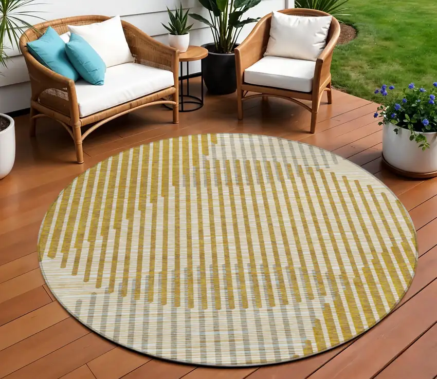 8' Gold And Beige Round Geometric Washable Indoor Outdoor Area Rug Photo 1