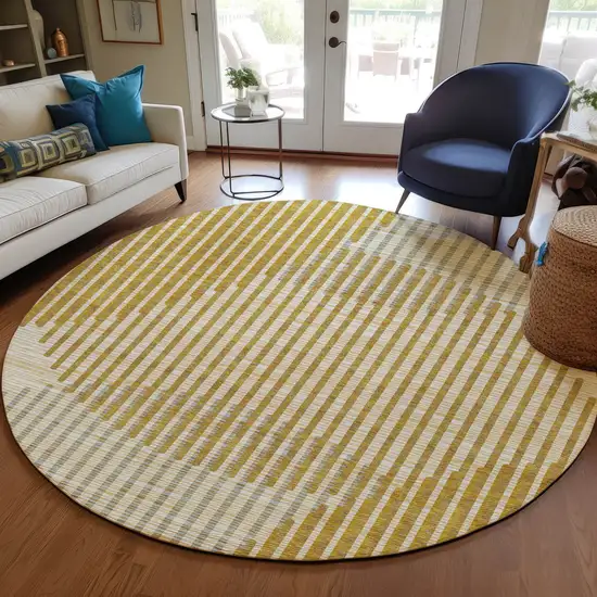8' Gold And Beige Round Geometric Washable Indoor Outdoor Area Rug Photo 8