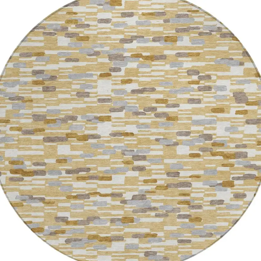 8' Gold And Beige Round Geometric Washable Indoor Outdoor Area Rug Photo 1