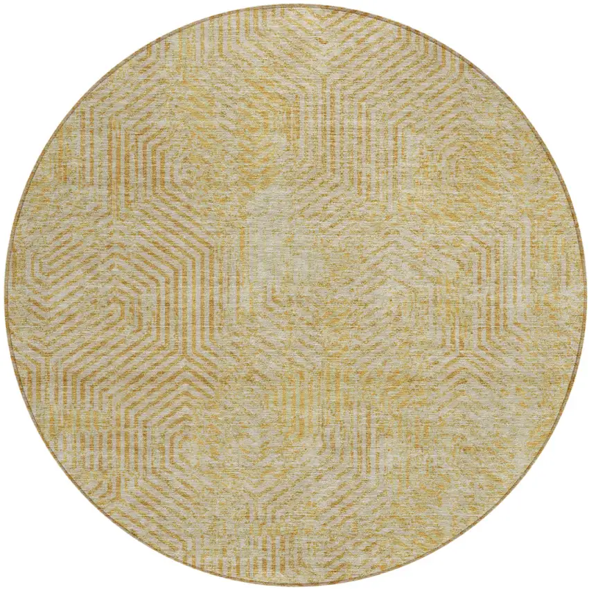 8' Gold And Beige Round Geometric Washable Indoor Outdoor Area Rug Photo 2