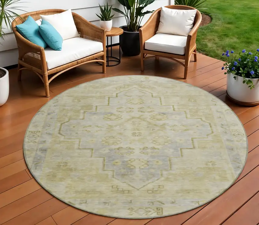 8' Gold And Beige Round Medallion Washable Indoor Outdoor Area Rug Photo 2