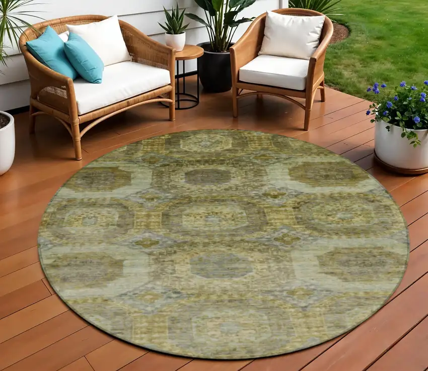 8' Gold And Beige Round Medallion Washable Indoor Outdoor Area Rug Photo 2