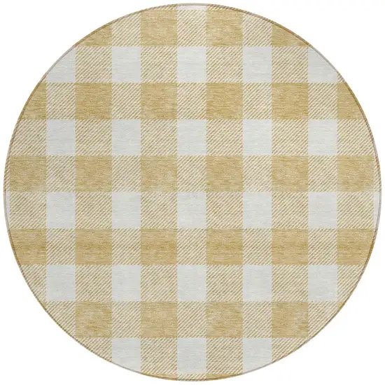 8' Gold And Beige Round Plaid Washable Indoor Outdoor Area Rug Photo 5