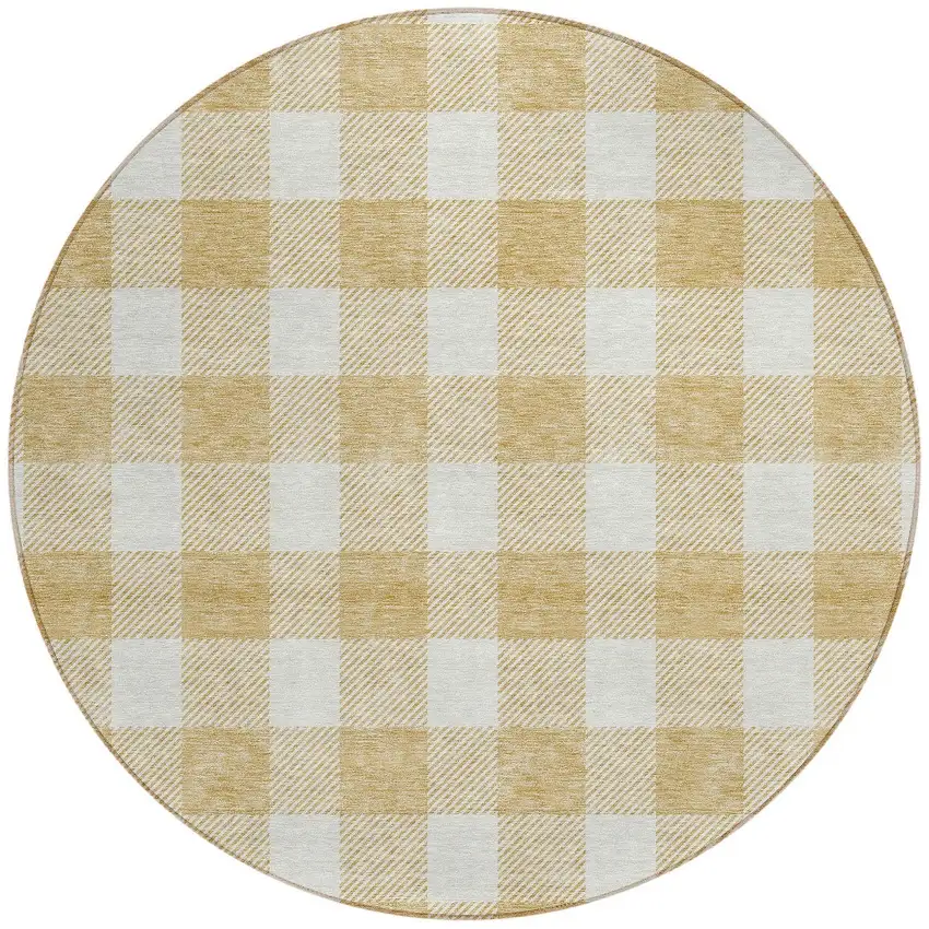 8' Gold And Beige Round Plaid Washable Indoor Outdoor Area Rug Photo 5