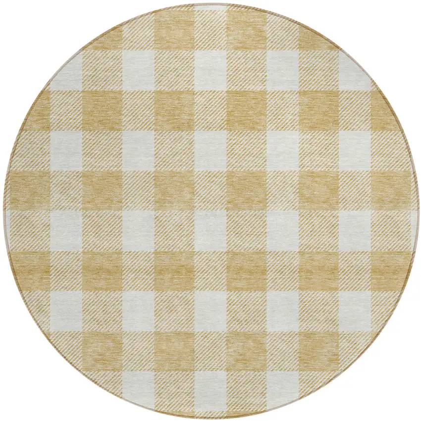 8' Gold And Beige Round Plaid Washable Indoor Outdoor Area Rug Photo 2