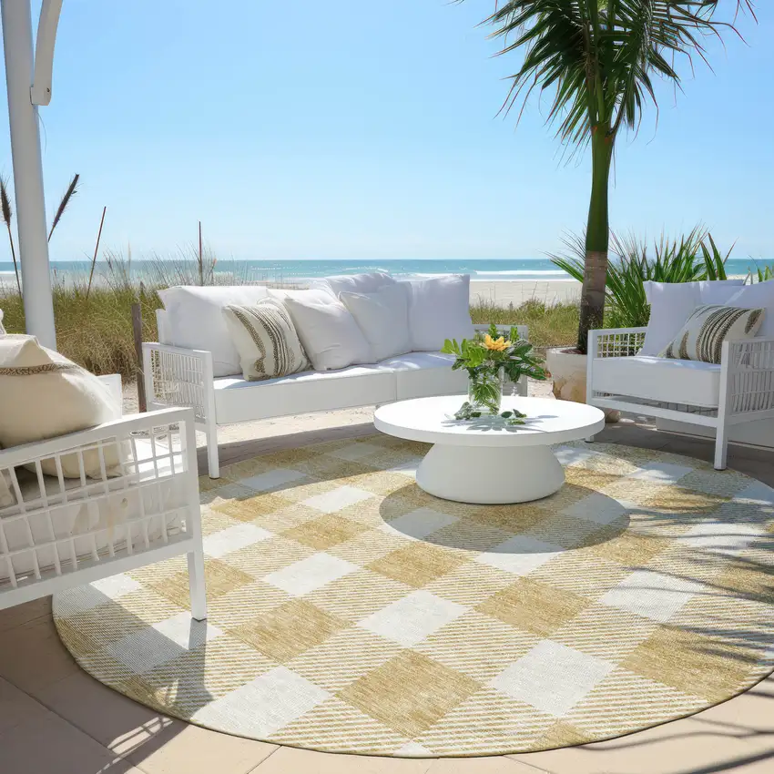 8' Gold And Beige Round Plaid Washable Indoor Outdoor Area Rug Photo 6
