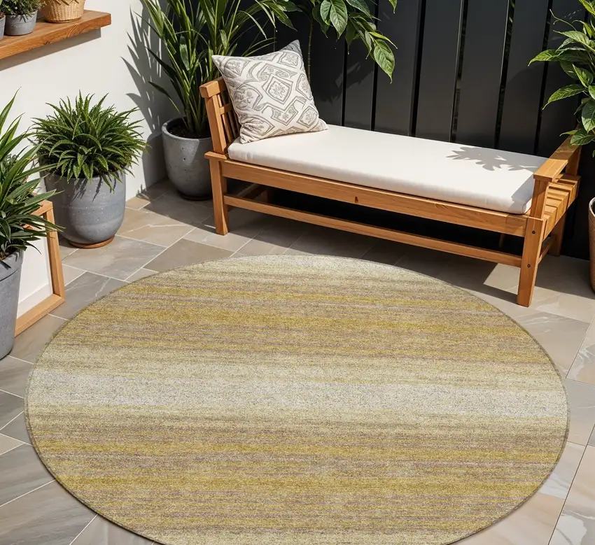 8' Gold And Beige Round Striped Washable Indoor Outdoor Area Rug Photo 1