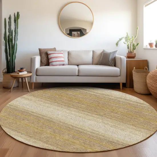 8' Gold And Beige Round Striped Washable Indoor Outdoor Area Rug Photo 7