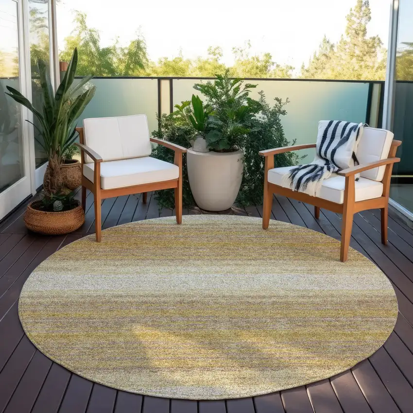 8' Gold And Beige Round Striped Washable Indoor Outdoor Area Rug Photo 6