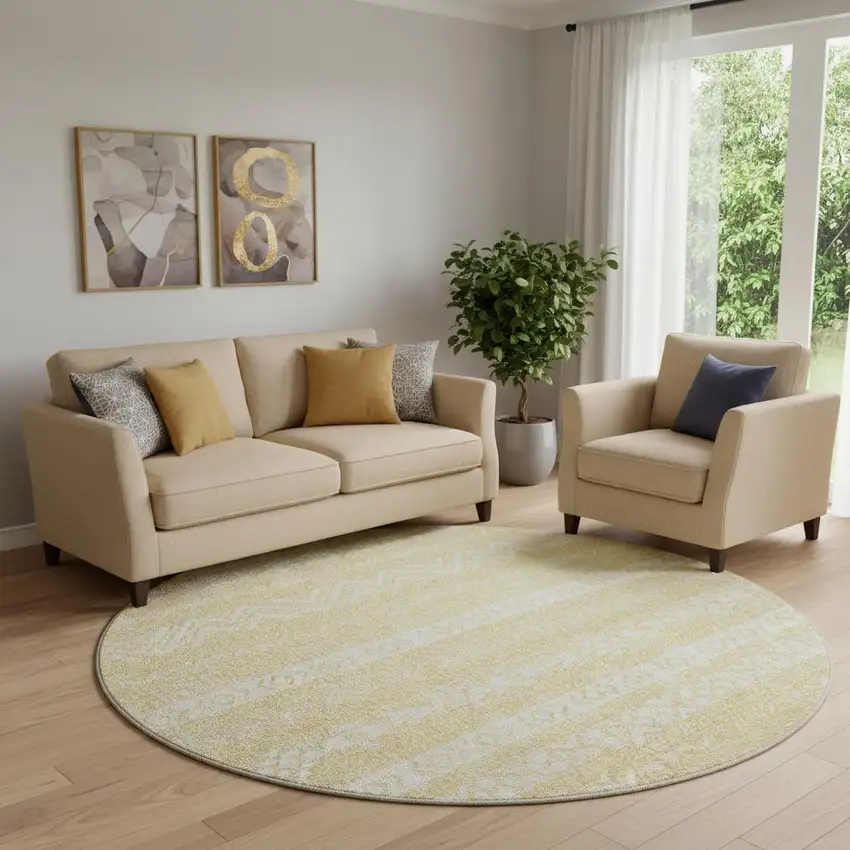 8' Gold And Beige Southwestern Washable Round Rug With UV Protection Photo 1