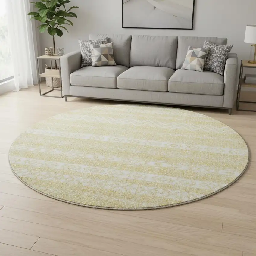 8' Gold And Beige Southwestern Washable Round Rug With UV Protection Photo 2