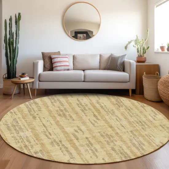8' Gold And Beige Striped Washable Round Rug With UV Protection Photo 5