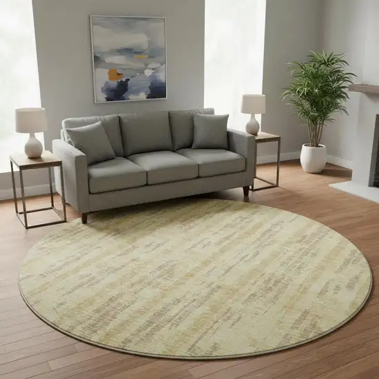 8' Gold And Beige Striped Washable Round Rug With UV Protection Photo 2