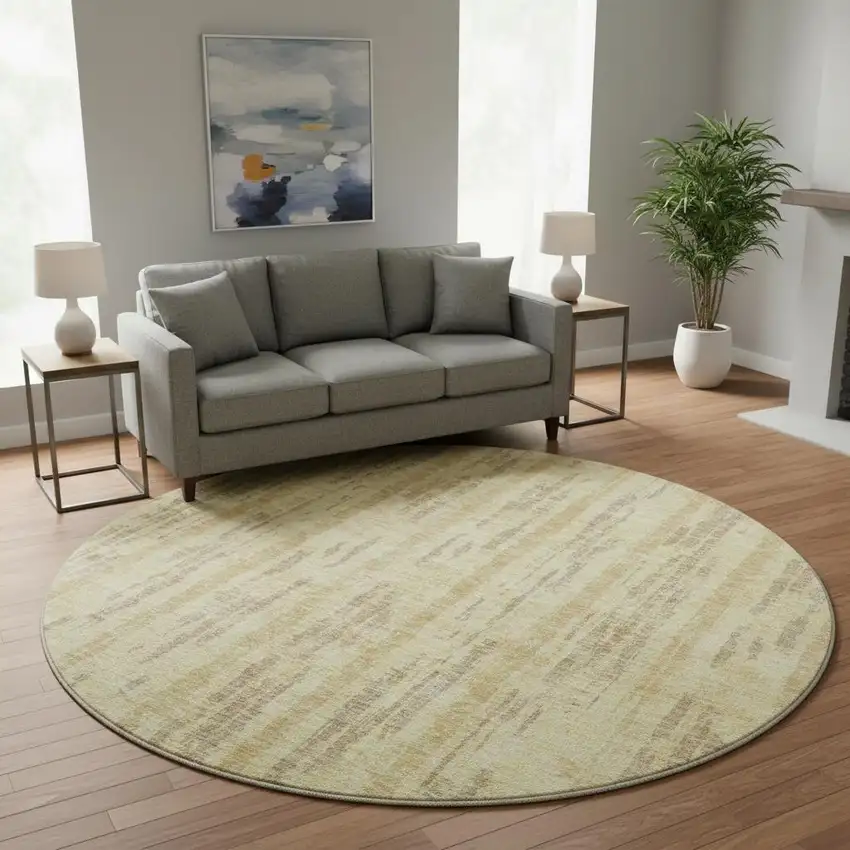 8' Gold And Beige Striped Washable Round Rug With UV Protection Photo 2