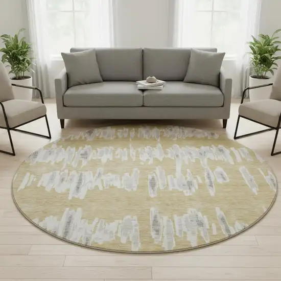 8' Gold And Beige Striped Washable Round Rug With UV Protection Photo 2