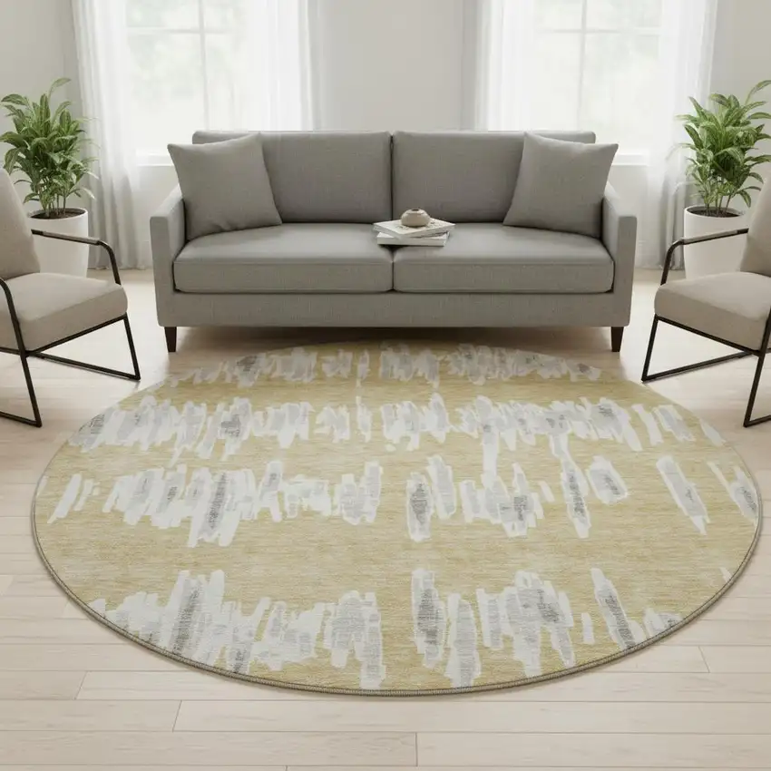 8' Gold And Beige Striped Washable Round Rug With UV Protection Photo 2