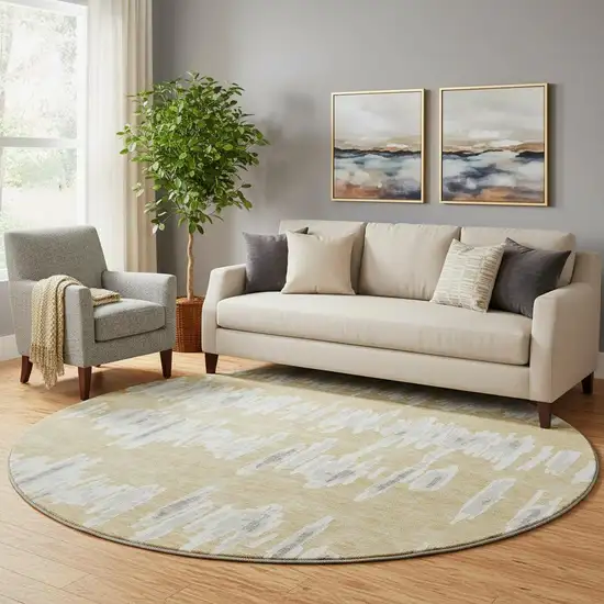 8' Gold And Beige Striped Washable Round Rug With UV Protection Photo 1