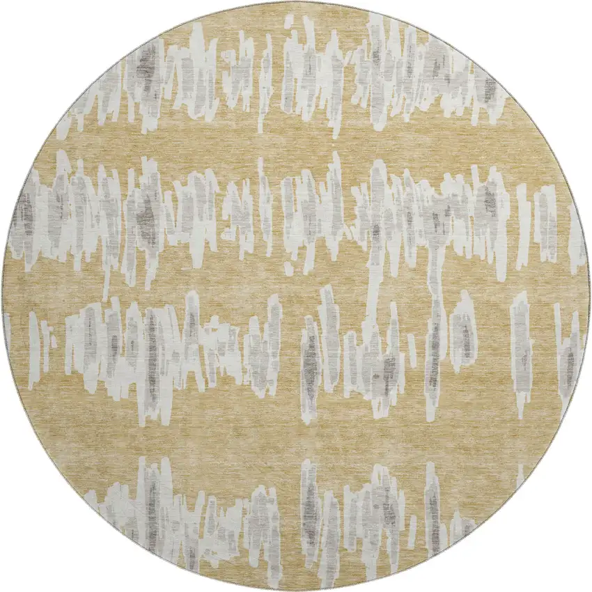 8' Gold And Beige Striped Washable Round Rug With UV Protection Photo 1