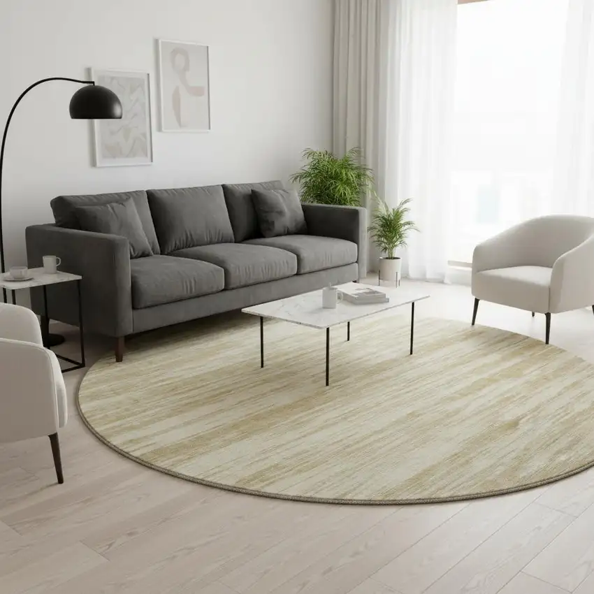 8' Gold And Beige Striped Washable Round Rug With UV Protection Photo 2