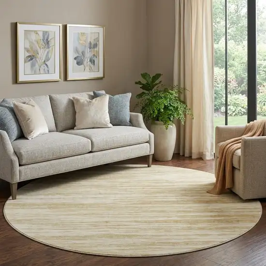 8' Gold And Beige Striped Washable Round Rug With UV Protection Photo 1