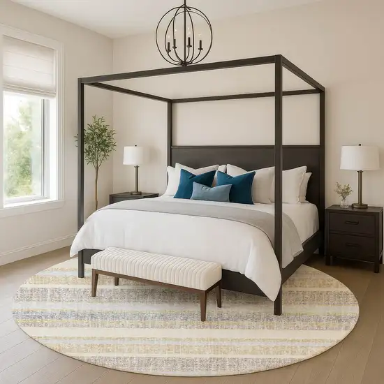 8' Gold And Beige Striped Washable Round Rug With UV Protection Photo 5