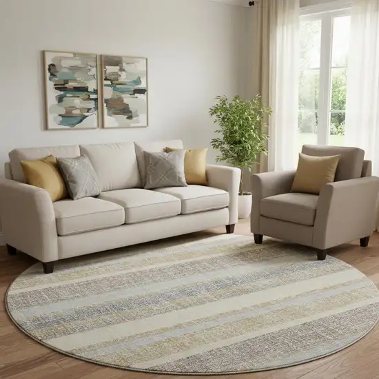 8' Gold And Beige Striped Washable Round Rug With UV Protection Photo 2