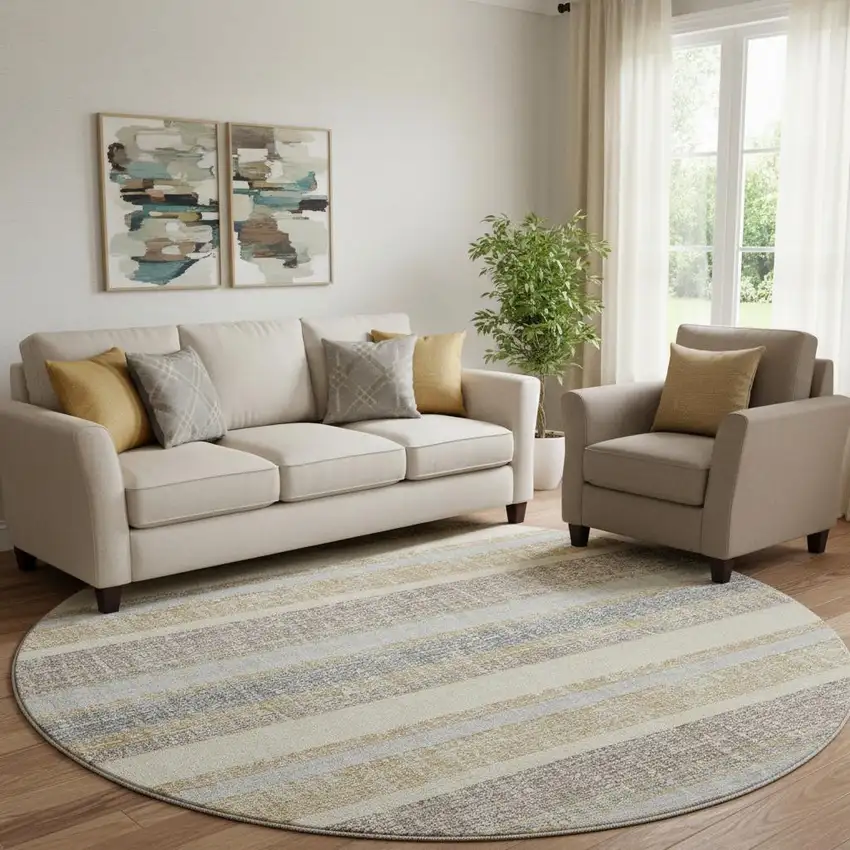 8' Gold And Beige Striped Washable Round Rug With UV Protection Photo 2