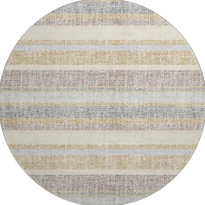 8' Gold And Beige Striped Washable Round Rug With UV Protection Photo 3