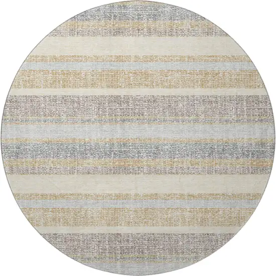 8' Gold And Beige Striped Washable Round Rug With UV Protection Photo 4